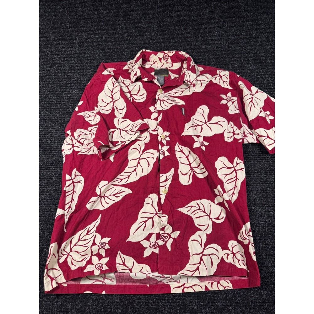 Local Motion Hawaiian Shirt Mens M Red Cream Floral Aloha Surf Cotton Button Up